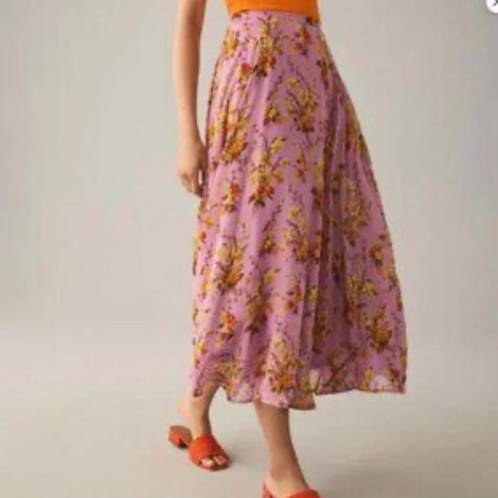 By Anthropologie Lavender Floral Midi Skirt
